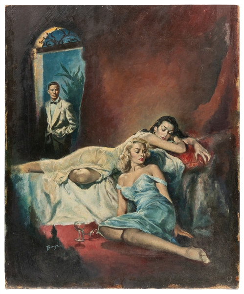  [PULP ART]. [UNKNOWN ARTIST]. Two Women in Gowns and a Man ...