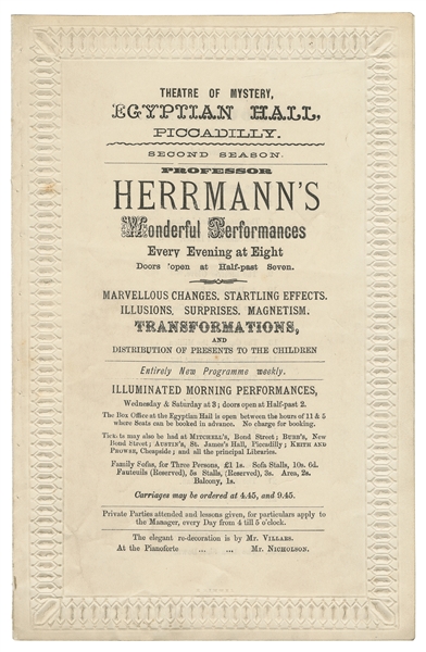  HERRMANN, Alexander (1844 – 96). Herrmann Egyptian Hall Pro...