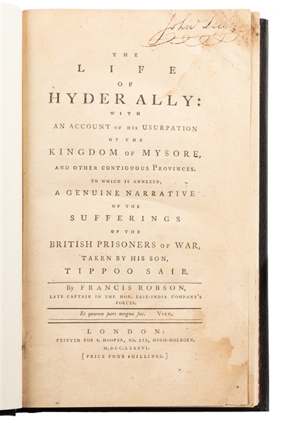  [ALI, Hyder (d. 1782)]. ROBSON, Francis. The Life of Hyder ...