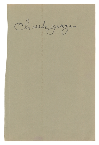  [AVIATION]. YEAGER, Chuck. Signed page. [N.p., n.d.]. 9 x 6...