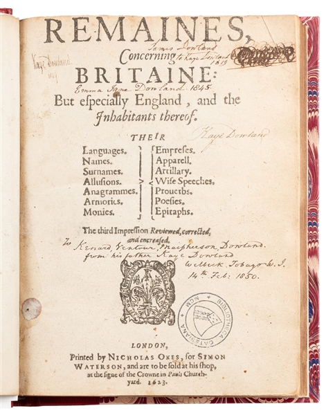  CAMDEN, William (1551-1623). Remaines Concerning Britaine: ...