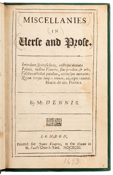  DENNIS, John (1658-1734). Miscellanies in Verse and Prose. ...