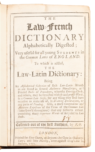  [LAW]. The Law-French Dictionary Alphabetically Digested......