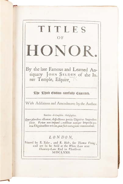  SELDEN, John (1584-1654). Titles of Honor. London: E. Tyler...