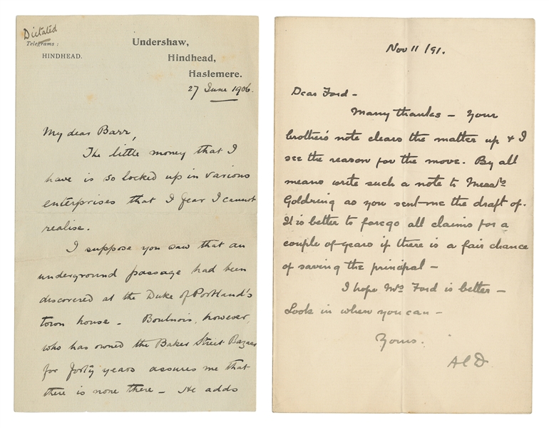  DOYLE, Arthur Conan (1859-1930). Autograph letter signed (“...