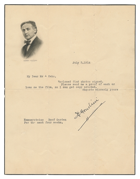  HOUDINI, Harry (Erik Weisz, 1874-1926). Signed letter. N.p....