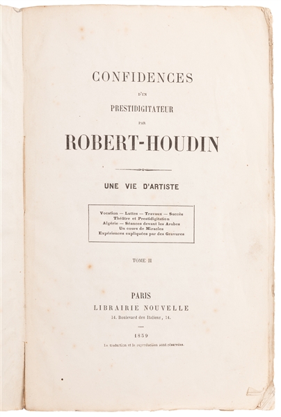  ROBERT-HOUDIN, Jean Eugène (1805 – 71). Confidences d’un Pr...