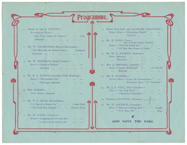  EVANION (Henry Evans, c. 1832 – 1905). Concert Party Progra...
