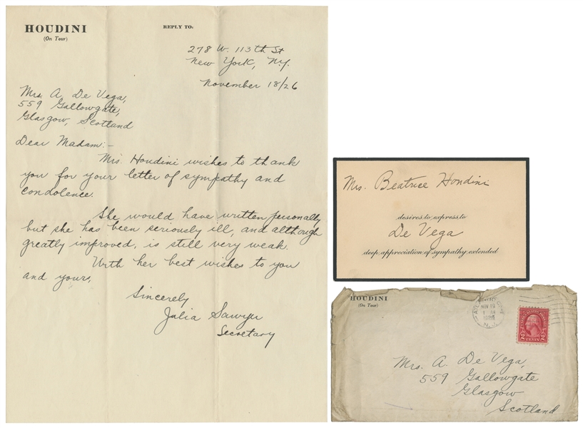  HOUDINI, Beatrice (1876 – 1943). Houdini Condolence Card an...