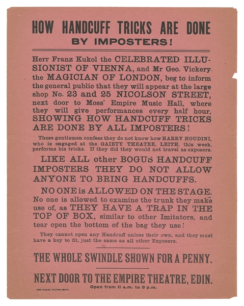  [HOUDINI]. How Handcuff Tricks Are Done by Imposters! Edinb...