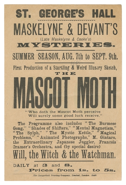  MASKELYNE & DEVANT. Mascot Moth Debut Performance Handbill....