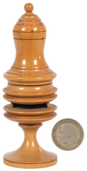  “Pepper Shaker” Coin Vase. English [?], ca. 1880. Turned bo...