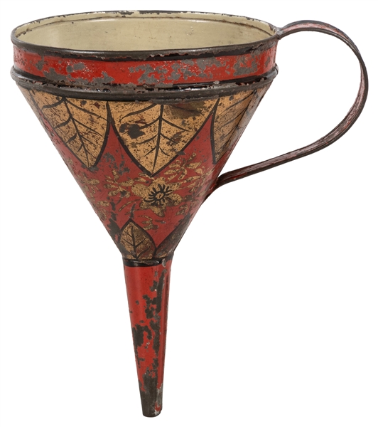  Magic Funnel. Circa 1880. Hand painted toleware funnel in r...