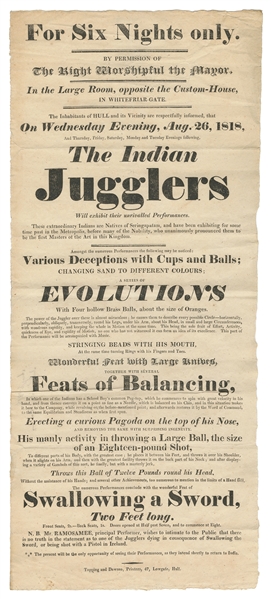  [INDIAN JUGGLERS]. For Six Nights Only. The Indian Jugglers...