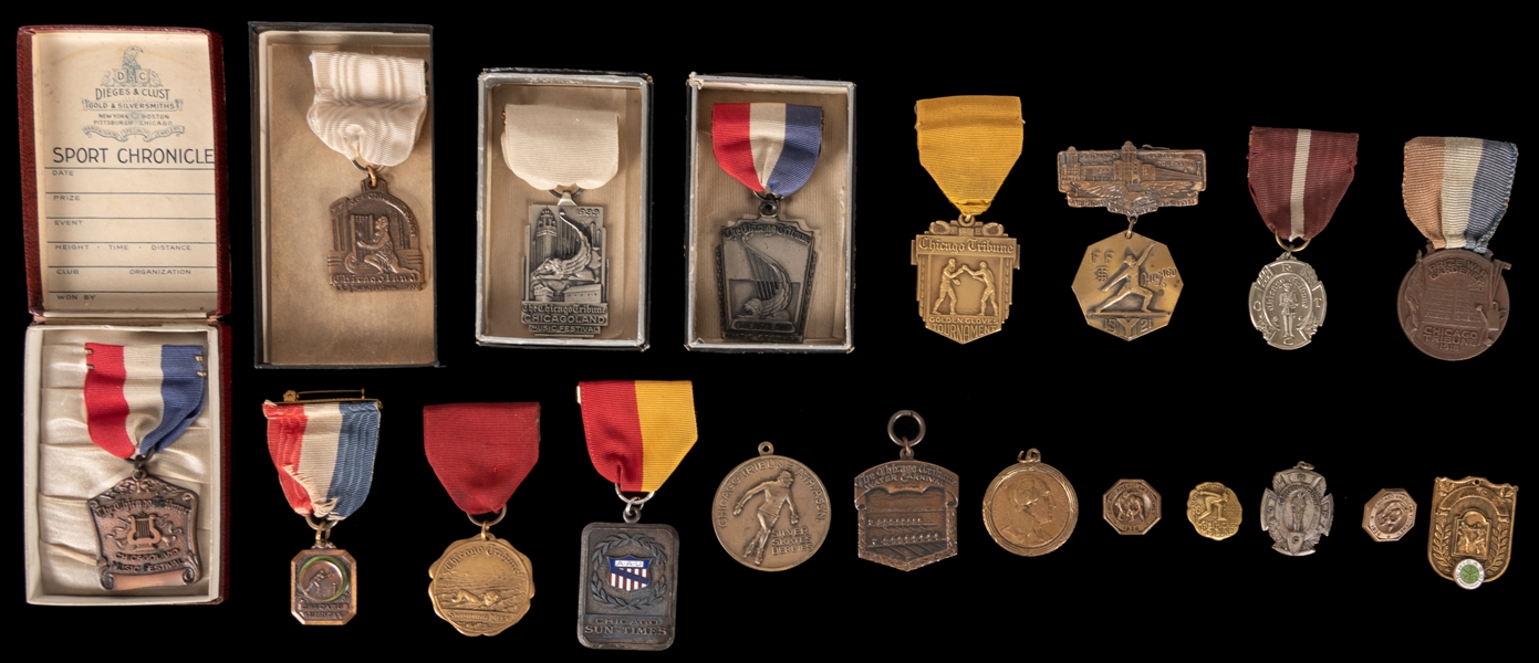  [CHICAGO]. Group of 21 Medals or Pins for Sporting or Music...