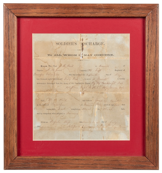  [CIVIL WAR]. Manuscript Printed Confederate Soldier’s Disch...