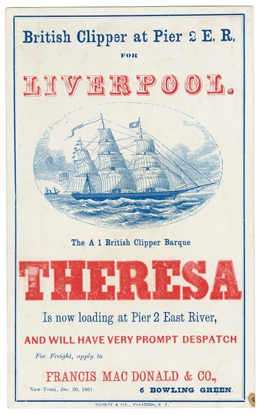  [CLIPPER SHIP CARD]. British Clipper at Pier 2 E. R. for Li...