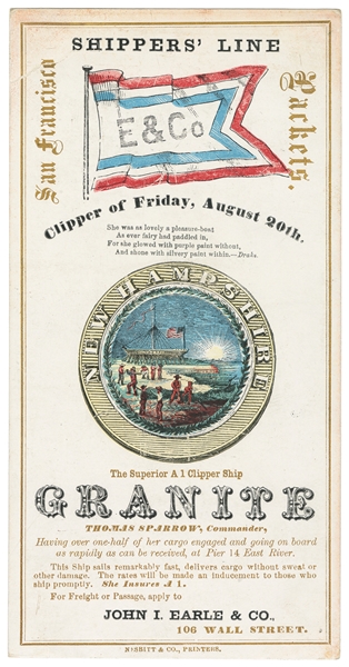  [CLIPPER SHIP CARD]. Shipper’s Line San Francisco Packets f...