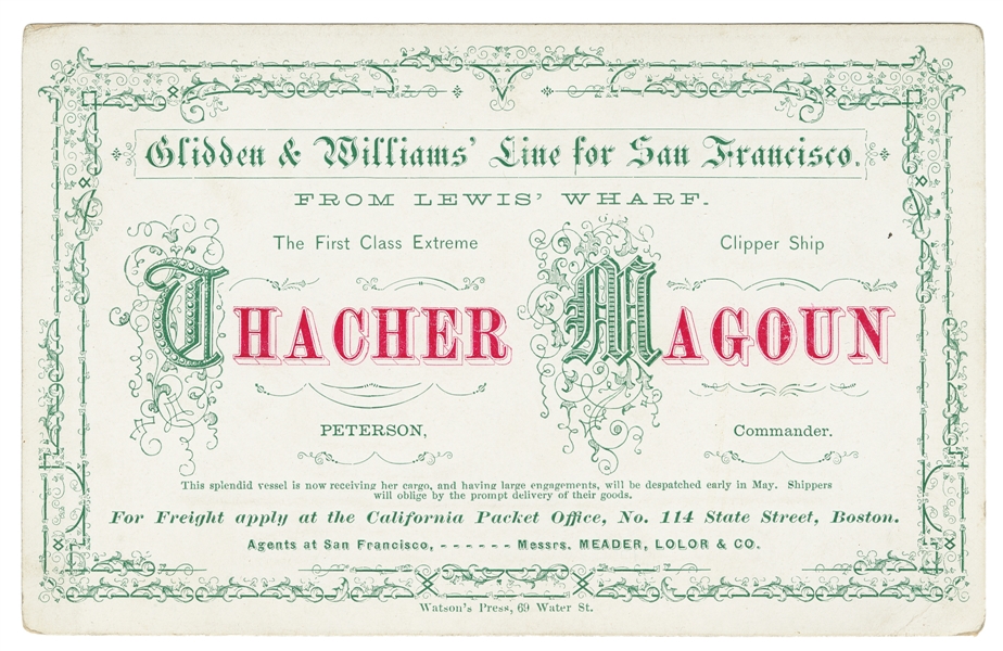  [CLIPPER SHIP CARD]. Glidden & Williams’ Line for San Franc...