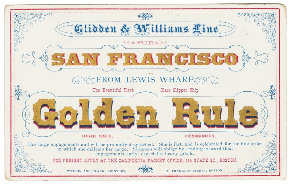  [CLIPPER SHIP CARD]. Glidden & Williams Line for San Franci...