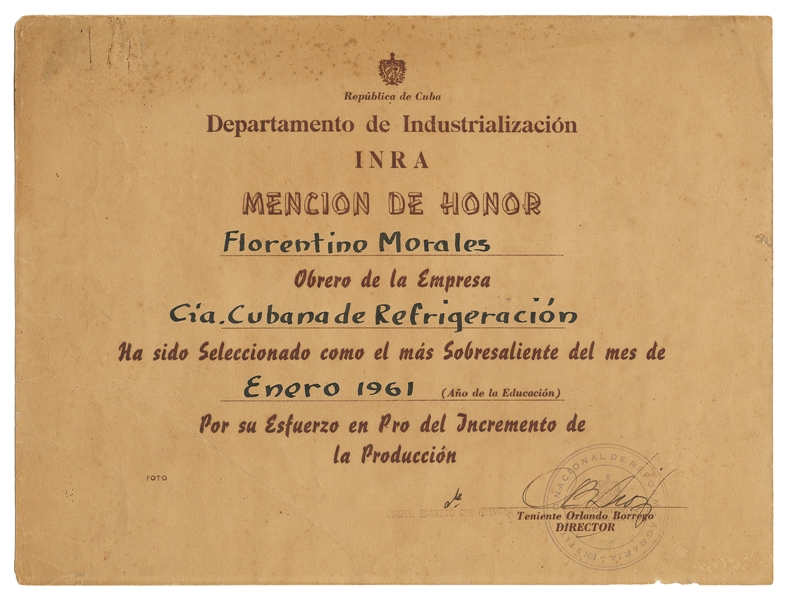  GUEVARA, Ernesto “Che” (1928-1967). Document Signed (“Che”)...