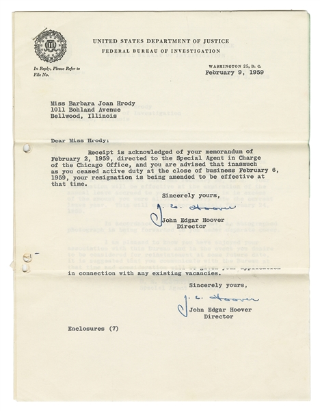  HOOVER, J. Edgar (1895-1972). Group of Five Typed Letters S...