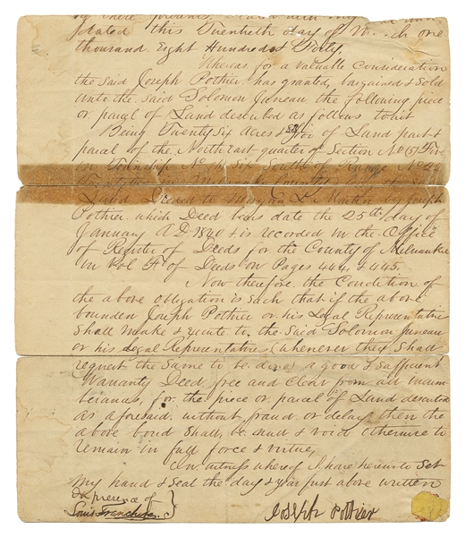  [JUNEAU, Solomon (1793-1856), association]. Land Deed for J...