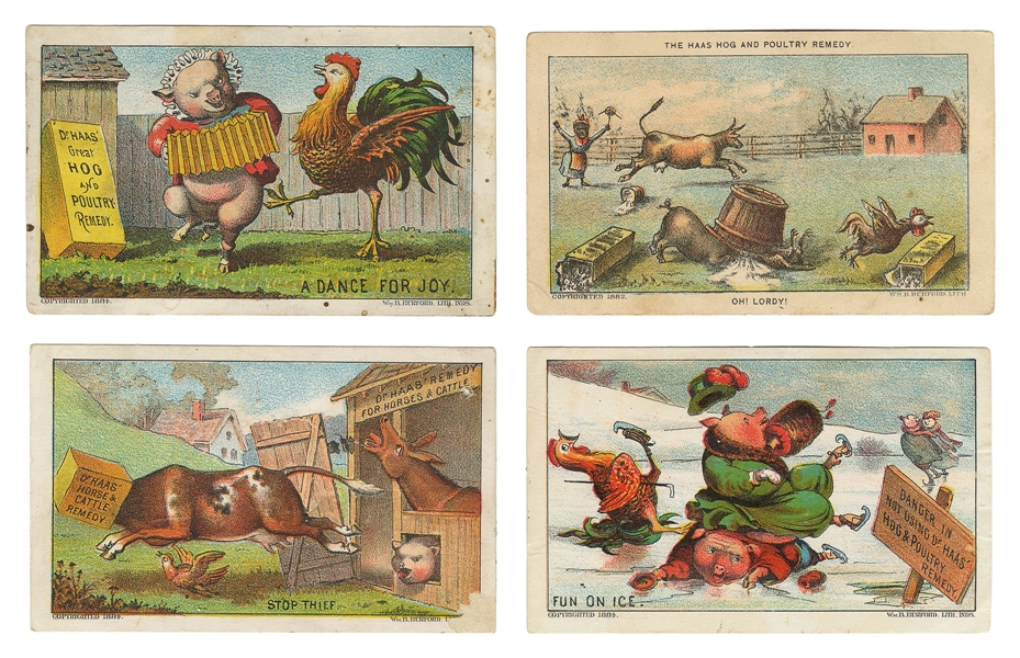  [LITHOGRAPHY]. [ANIMAL REMEDIES]. Group of Four Trade Cards...