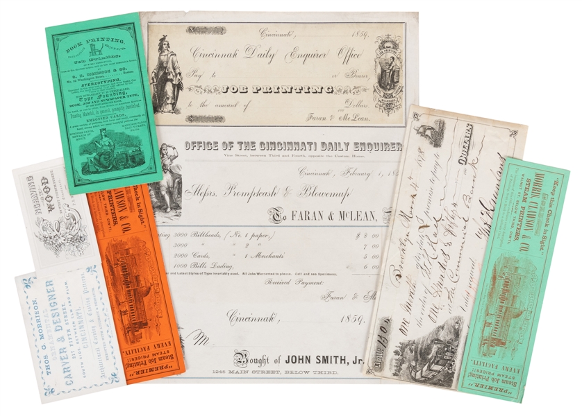  [LITHOGRAPHY]. Group of Two Checks and Five Printer’s Cards...