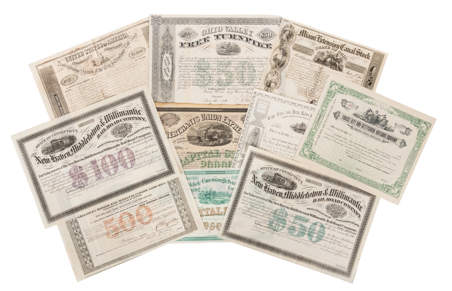  [LITHOGRAPHY]. Group of Eleven Stock Certificates for Minin...