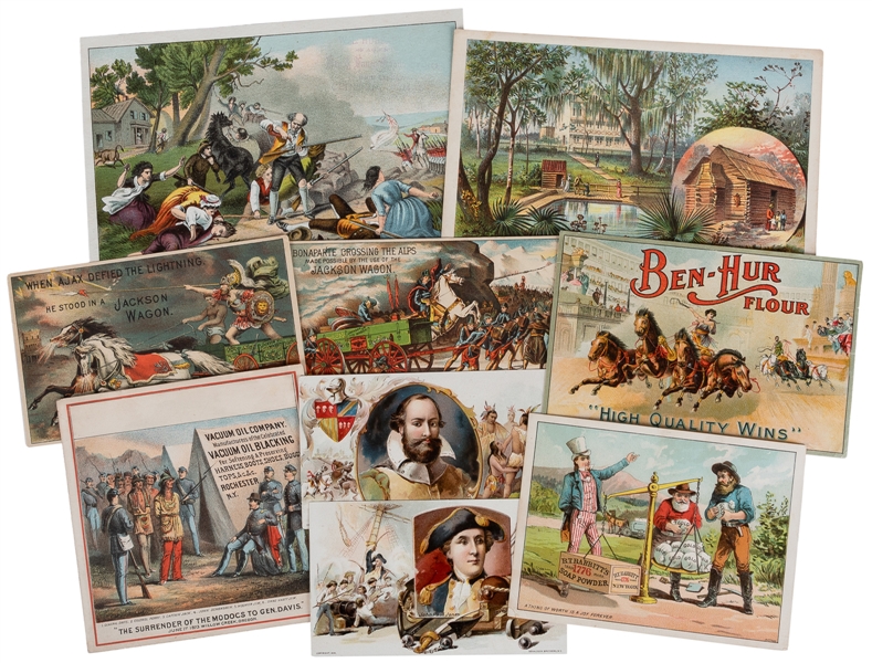  [LITHOGRAPHY]. Group of 25 Trade Cards or Labels of Histori...