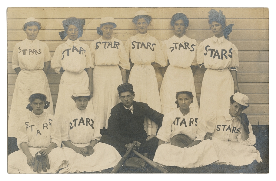 [POSTCARDS]. 1907 Women’s Baseball Team Real Photo Postcard...