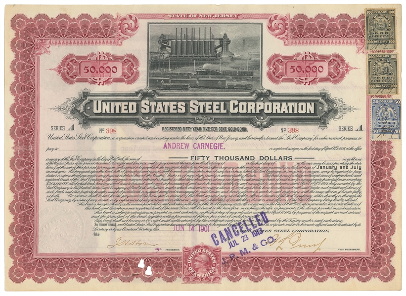  [STOCKS]. [CARNEGIE, Andrew, 1835-1919]. United States Stee...