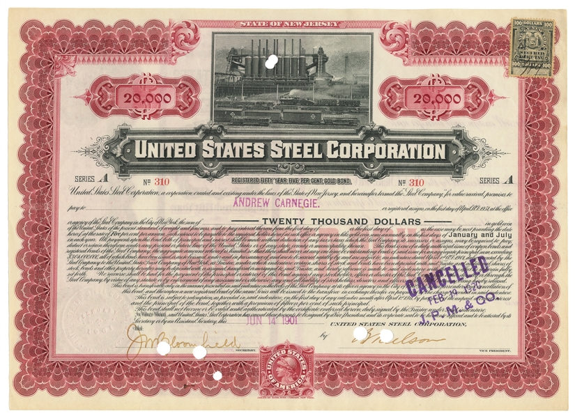  [STOCKS]. [CARNEGIE, Andrew, 1835-1919]. United States Stee...