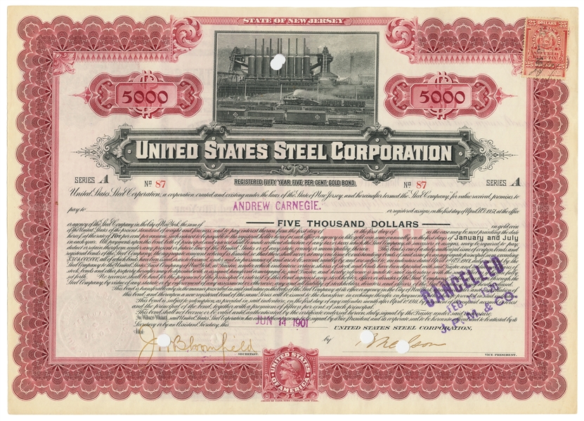  [STOCKS]. [CARNEGIE, Andrew, 1835-1919]. United States Stee...