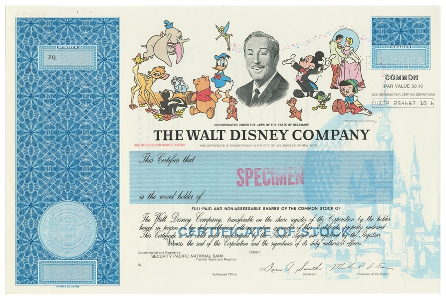  [STOCKS]. [THE WALT DISNEY COMPANY]. A Pair of Specimen Sto...