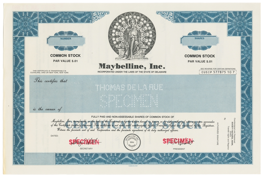  [STOCKS]. [MAYBELLINE, INC]. A Pair of Specimen Stock Certi...