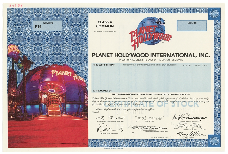  [STOCKS]. [PLANET HOLLYWOOD INTERNATIONAL, INC]. Specimen S...