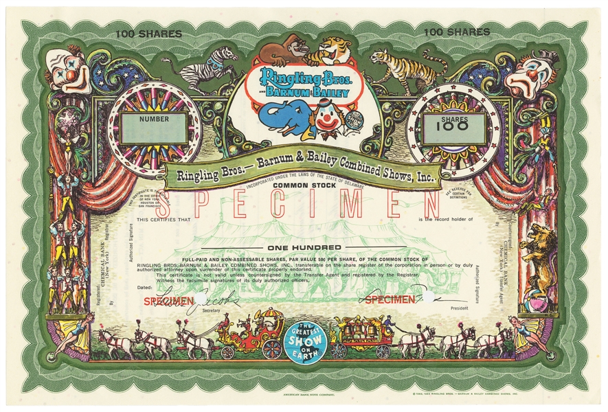  [STOCKS]. [RINGLING BROS. AND BARNUM & BAILEY]. Specimen St...