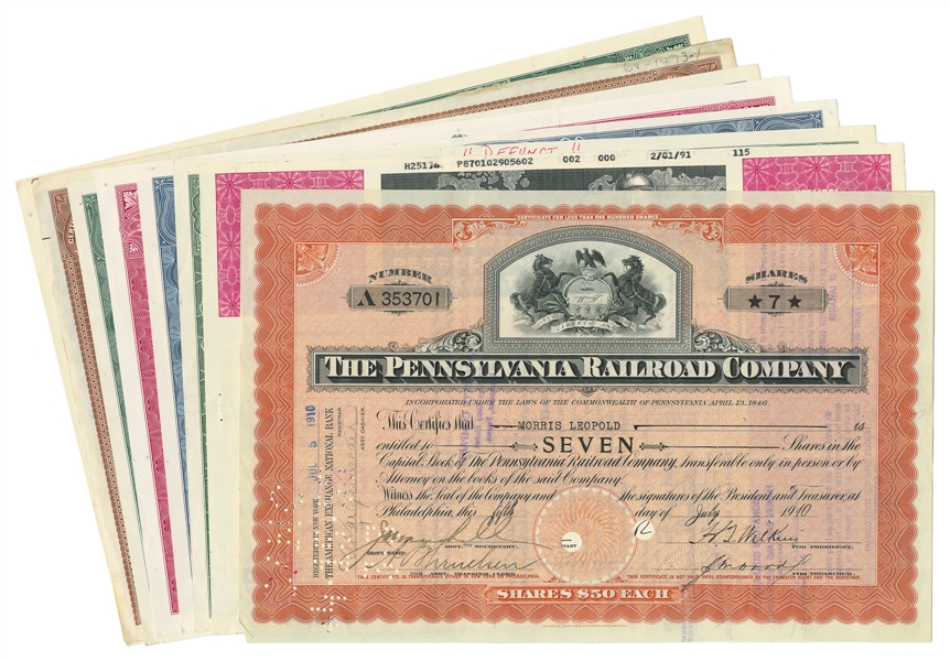  [STOCKS]. Group of 8 Used Stock Certificates for Various Co...