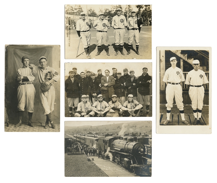  [BASEBALL]. Group of Five Real Photo Postcards of Various T...