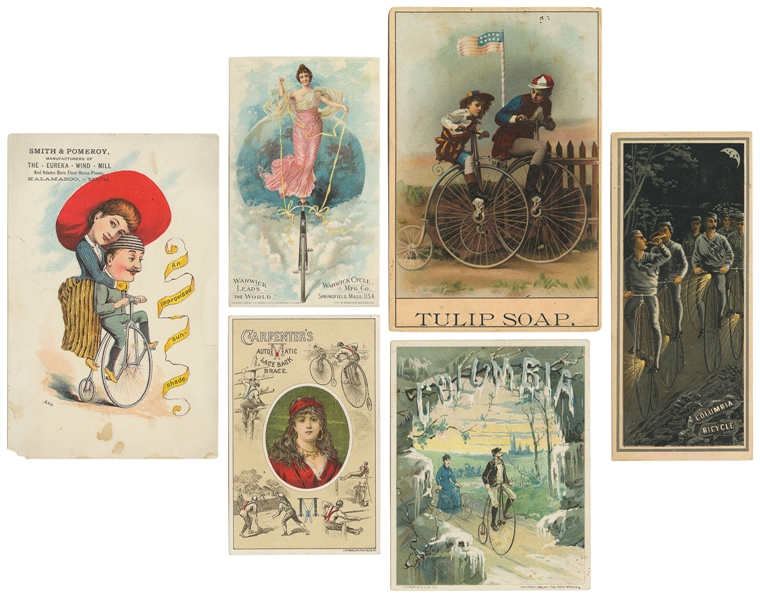  [CYCLING]. Group of Six Trade Cards Featuring Cycling or Bi...