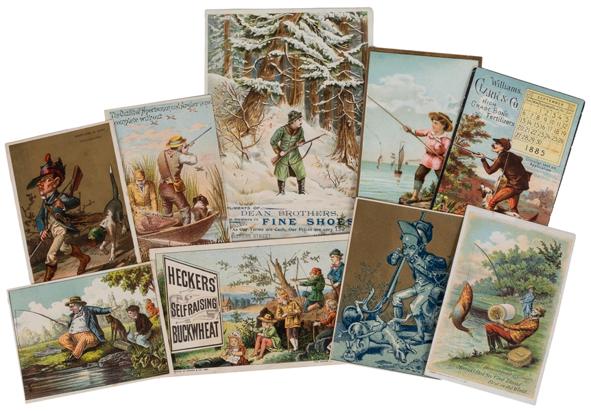  [HUNTING AND FISHING]. Group of Nine Trade Cards. [V.p., ca...