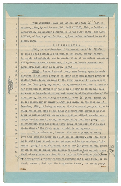  LANGDON, Harry (1884-1944). A Signed Contract with Hal Roac...