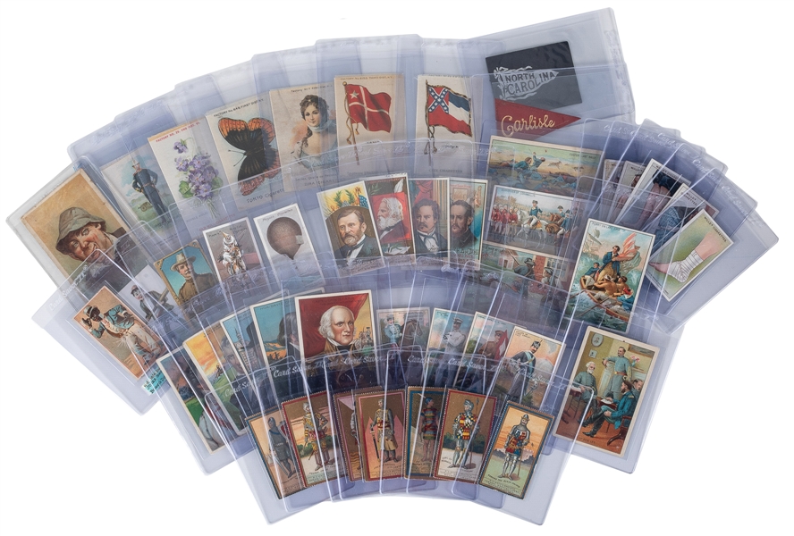  Group of 45 Cigarette Cards. [V.p., ca. 1880s-1910s]. Color...