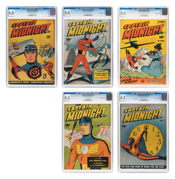  Captain Midnight. Group of Five CGC Graded Issues with Pedi...