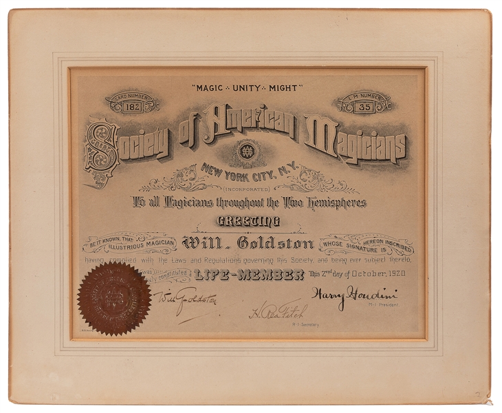  [HOUDINI] GOLDSTON, Will (Wolf Goldstein, 1878 – 1948). Soc...