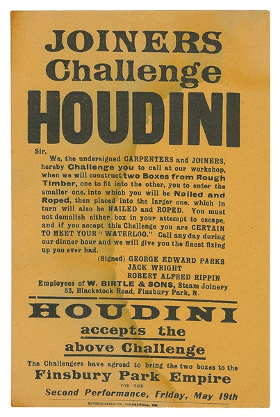  HOUDINI, Harry (Erik Weisz, 1874 – 1926). Joiners Challenge...