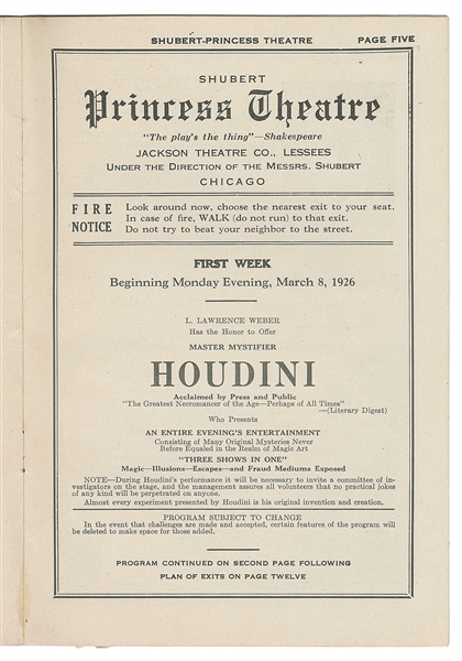  HOUDINI, Harry (Erik Weisz, 1874 – 1926). Houdini Shubert P...