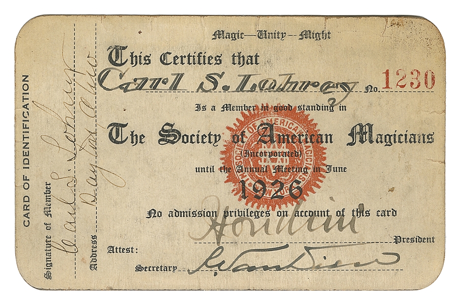  HOUDINI, Harry (Erik Weisz, 1874 – 1926). S.A.M. Membership...